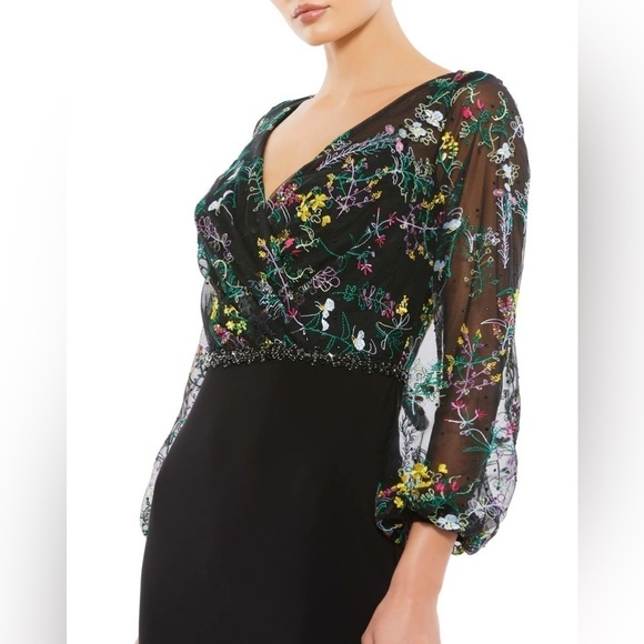 MAC DUGGAL Embroidered Illusion Puff Sleeve Column Gown - Picture 2 of 5